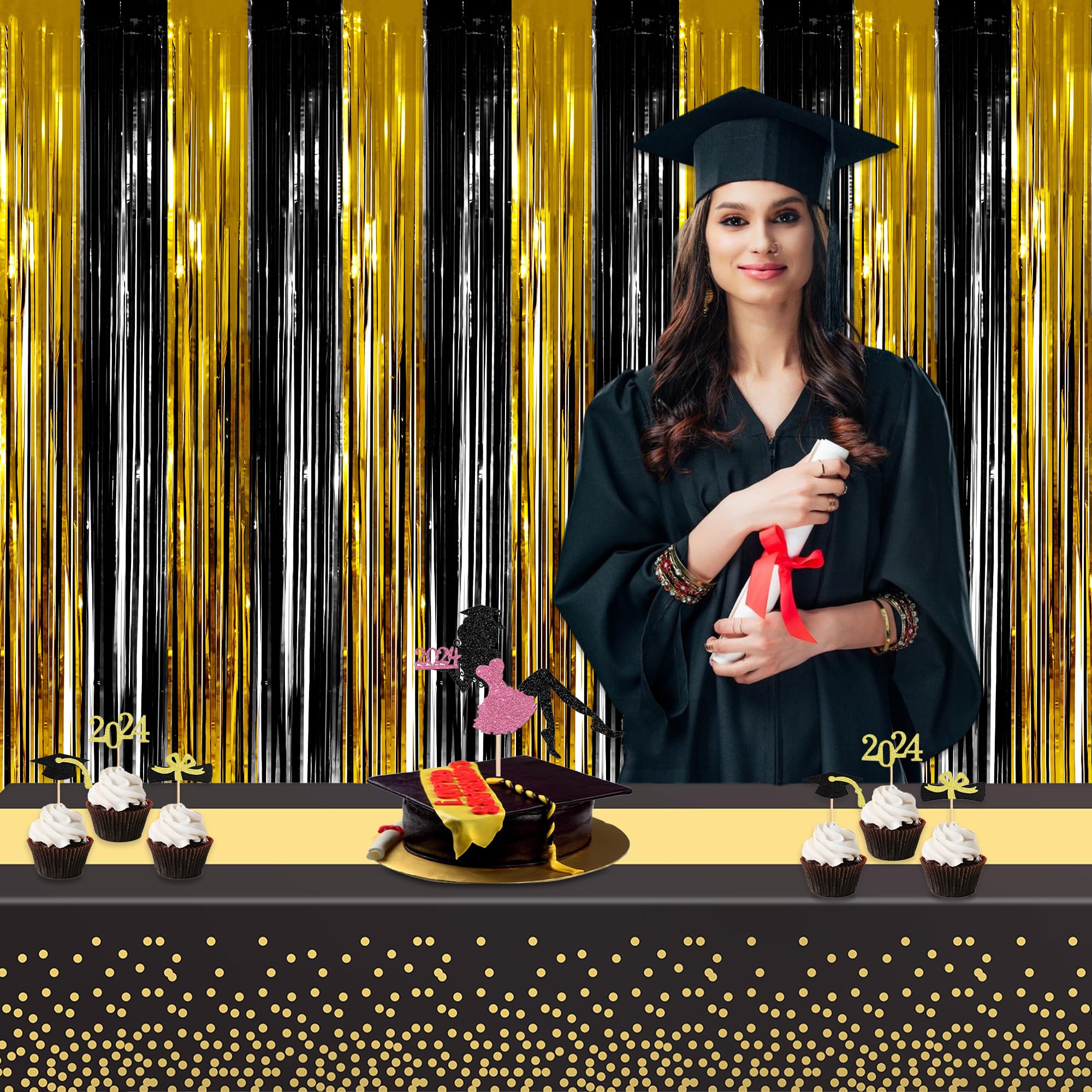 GREATRIL Black Gold Party Table Covers – 54x108 inches, 2 Pack | Disposable Tablecloths for Graduations, New Year’s Eve & More