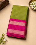Olive Green Soft Silk Saree with Pink Zari Border