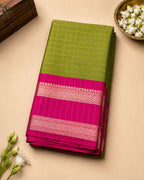 Olive Green Soft Silk Saree with Pink Zari Border