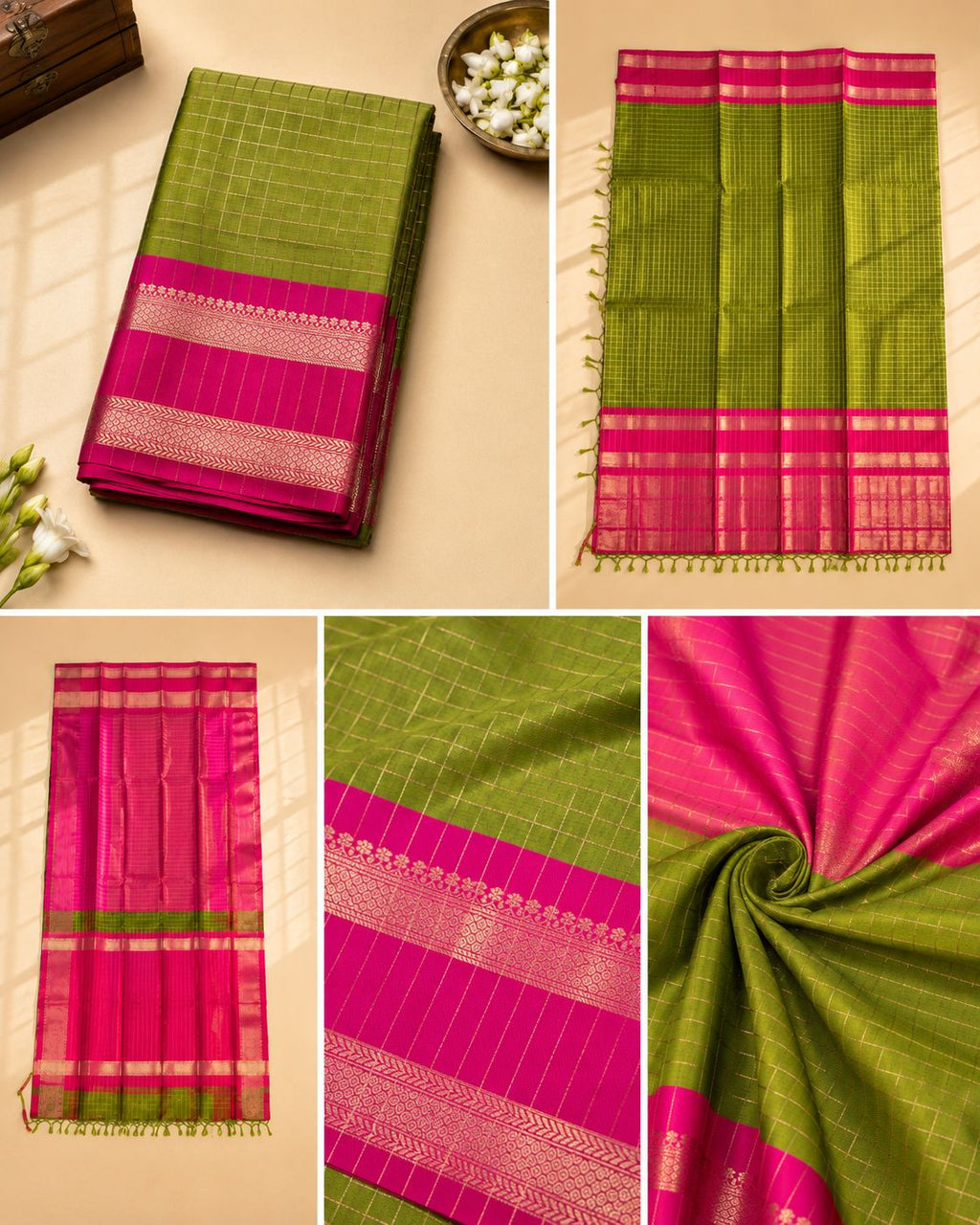 Olive Green Soft Silk Saree with Pink Zari Border