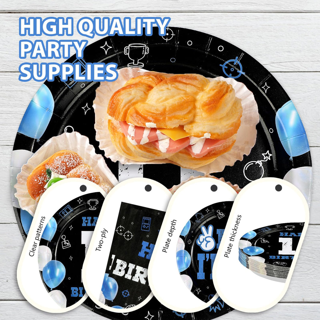Greencian 96Pcs 11th Birthday Tableware Set – Blue & Black Plates, Napkins, Forks, Gift Box | Serves 24