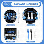 Greencian 96Pcs 11th Birthday Tableware Set – Blue & Black Plates, Napkins, Forks, Gift Box | Serves 24