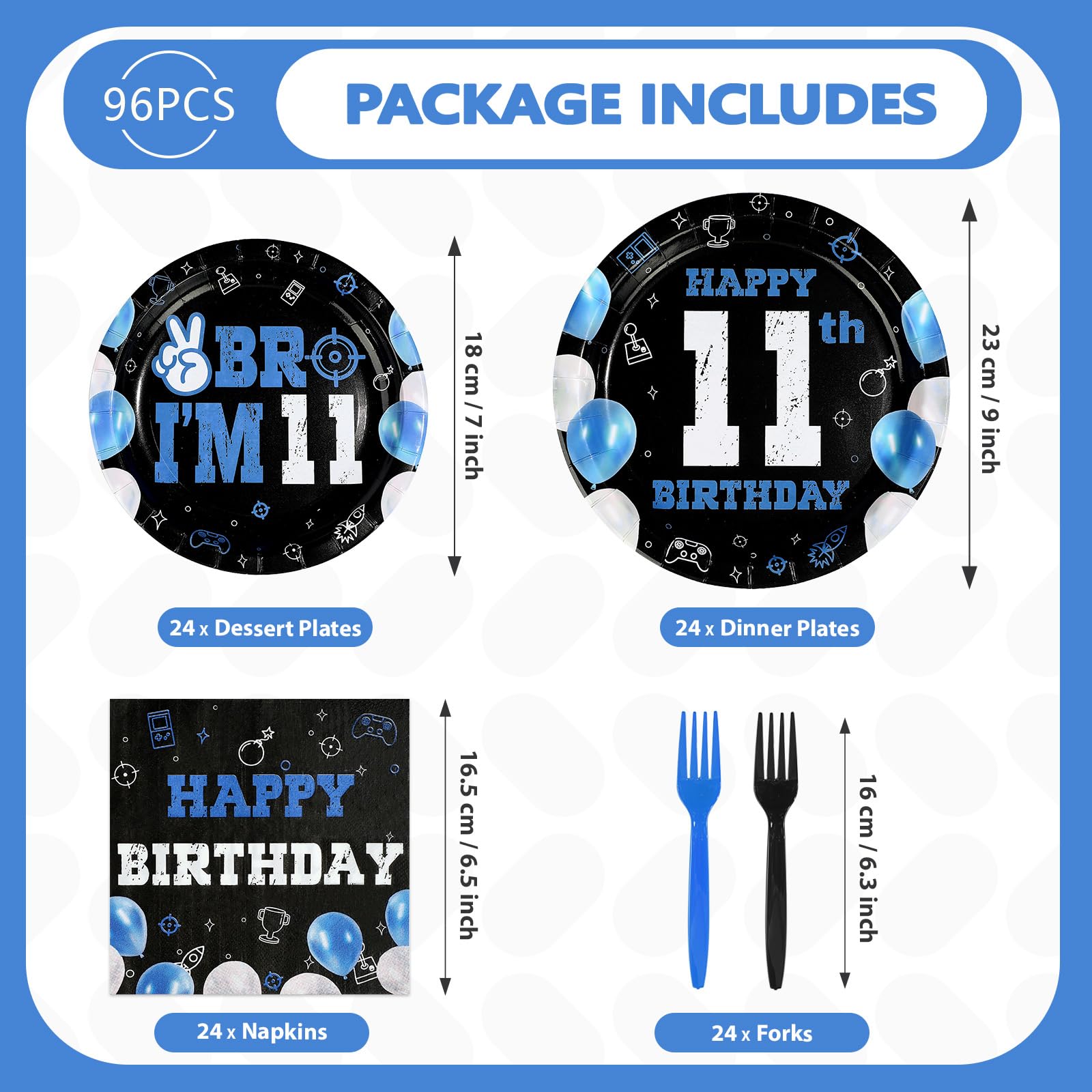Greencian 96Pcs 11th Birthday Tableware Set – Blue & Black Plates, Napkins, Forks, Gift Box | Serves 24
