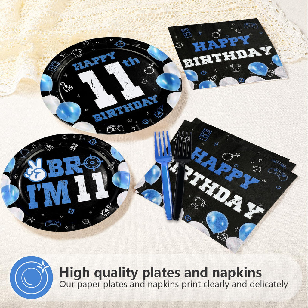 Greencian 96Pcs 11th Birthday Tableware Set – Blue & Black Plates, Napkins, Forks, Gift Box | Serves 24