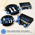 Greencian 96Pcs 11th Birthday Tableware Set – Blue & Black Plates, Napkins, Forks, Gift Box | Serves 24