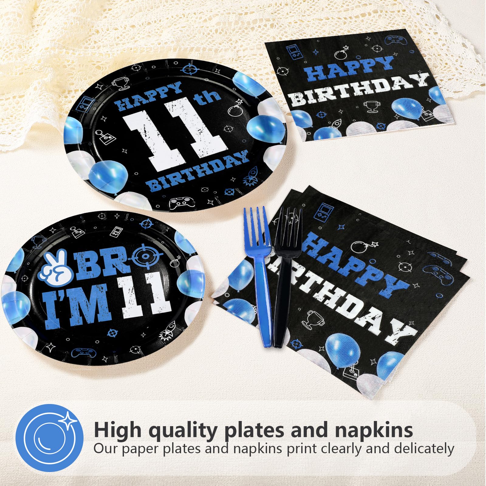 Greencian 96Pcs 11th Birthday Tableware Set – Blue & Black Plates, Napkins, Forks, Gift Box | Serves 24