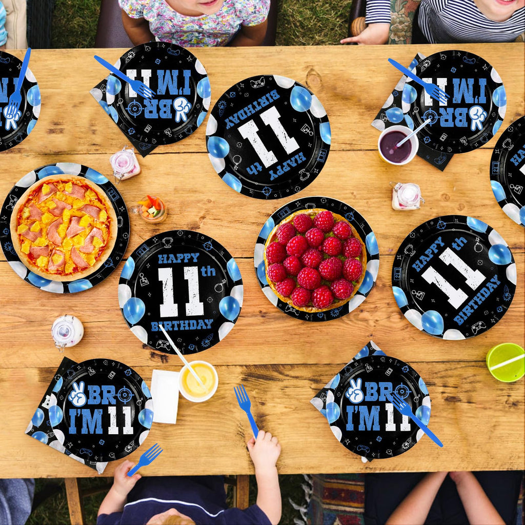 Greencian 96Pcs 11th Birthday Tableware Set – Blue & Black Plates, Napkins, Forks, Gift Box | Serves 24