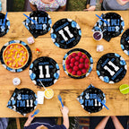 Greencian 96Pcs 11th Birthday Tableware Set – Blue & Black Plates, Napkins, Forks, Gift Box | Serves 24