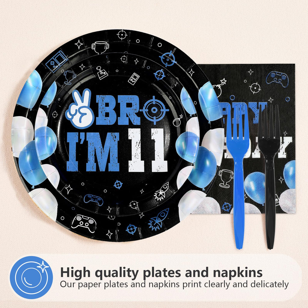 Greencian 96Pcs 11th Birthday Tableware Set – Blue & Black Plates, Napkins, Forks, Gift Box | Serves 24