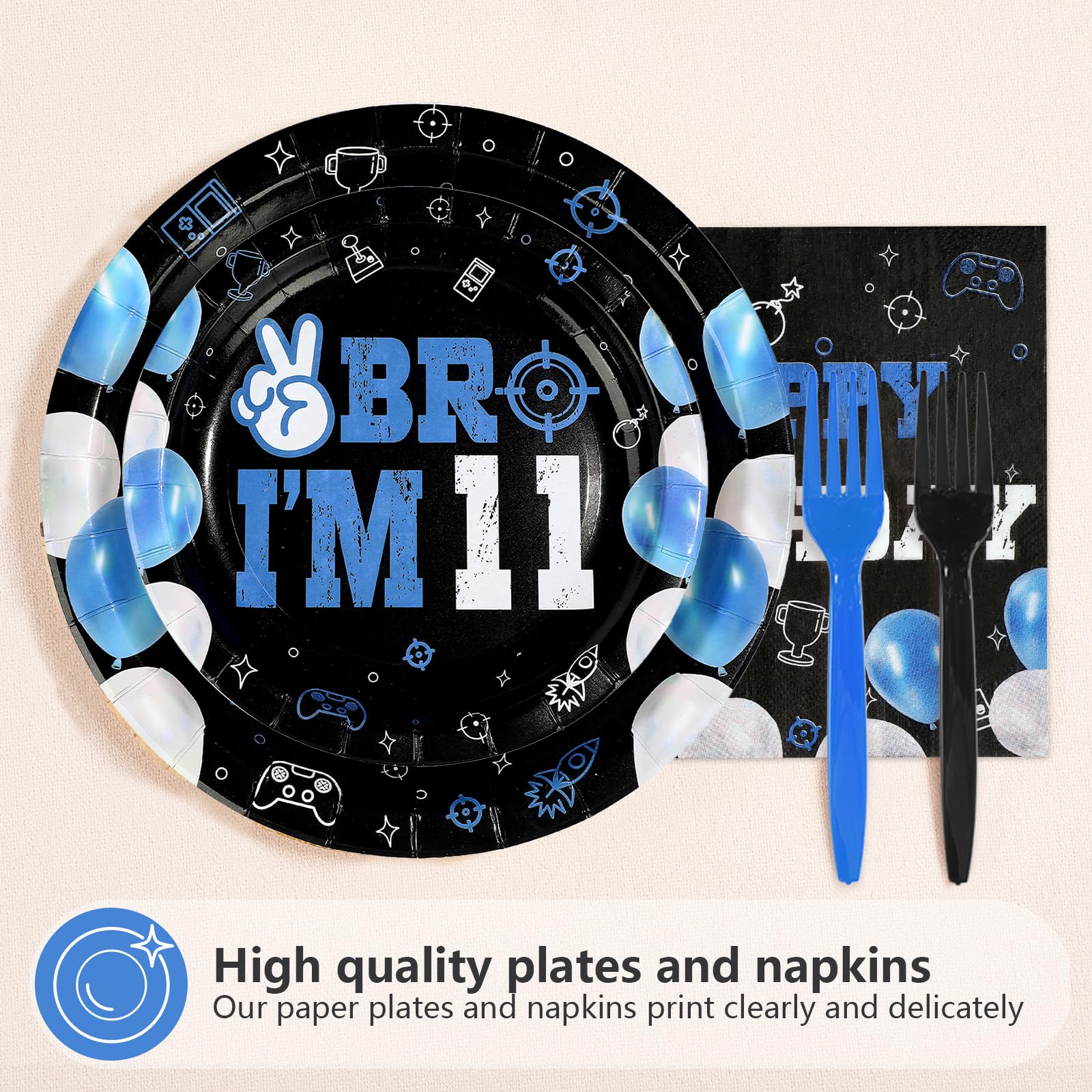 Greencian 96Pcs 11th Birthday Tableware Set – Blue & Black Plates, Napkins, Forks, Gift Box | Serves 24