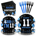 Greencian 96Pcs 11th Birthday Tableware Set – Blue & Black Plates, Napkins, Forks, Gift Box | Serves 24