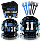 Greencian 96Pcs 11th Birthday Tableware Set – Blue & Black Plates, Napkins, Forks, Gift Box | Serves 24