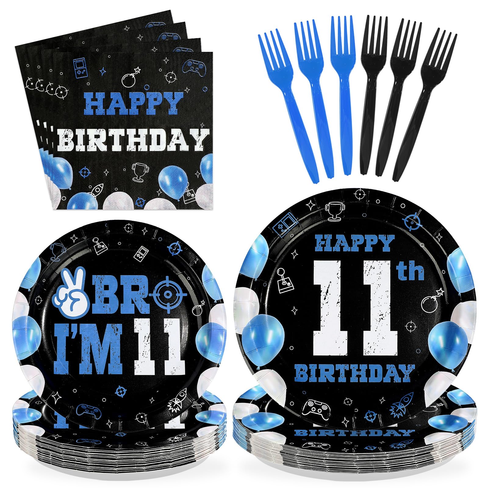 Greencian 96Pcs 11th Birthday Tableware Set – Blue & Black Plates, Napkins, Forks, Gift Box | Serves 24