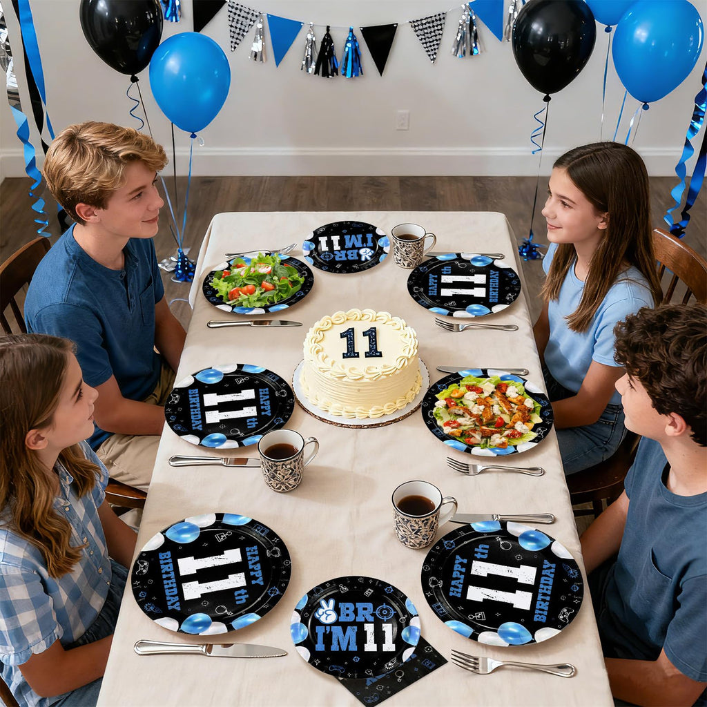 Greencian 96Pcs 11th Birthday Tableware Set – Blue & Black Plates, Napkins, Forks, Gift Box | Serves 24