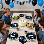 Greencian 96Pcs 11th Birthday Tableware Set – Blue & Black Plates, Napkins, Forks, Gift Box | Serves 24