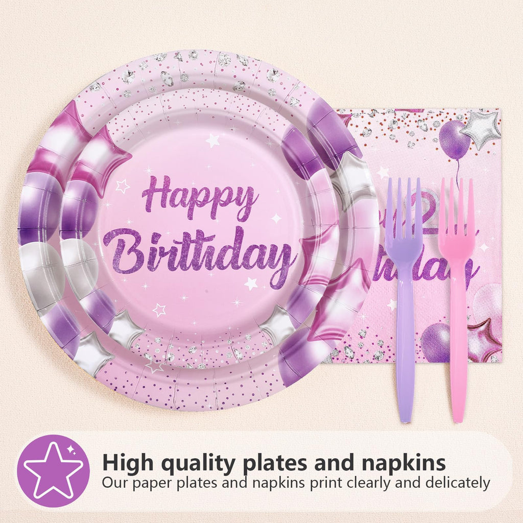 Greencian 96Pcs Pink Purple 2nd Birthday Tableware Set for 24 | Plates, Napkins & Forks