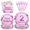 Greencian 96Pcs Pink Purple 2nd Birthday Tableware Set for 24 | Plates, Napkins & Forks