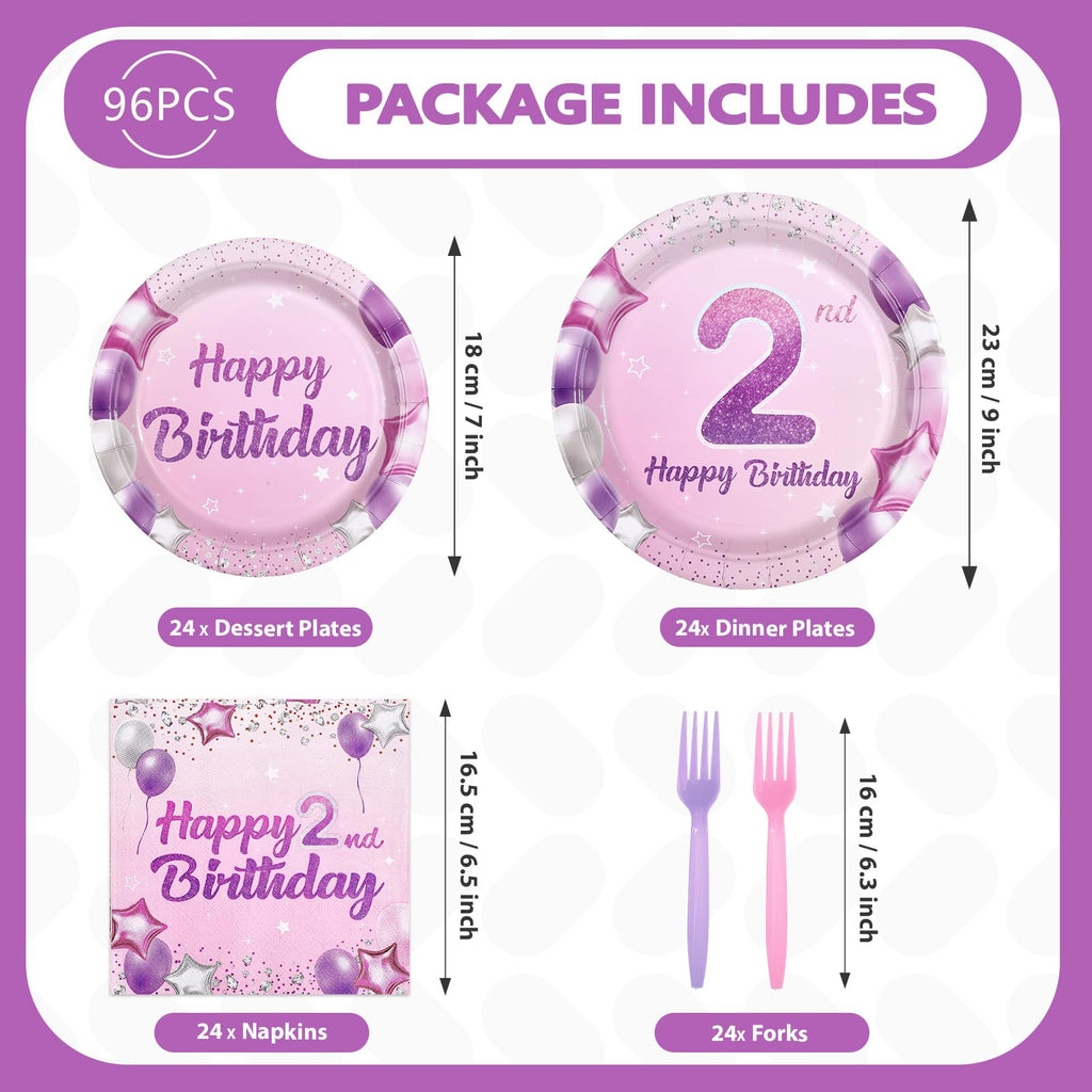 Greencian 96Pcs Pink Purple 2nd Birthday Tableware Set for 24 | Plates, Napkins & Forks