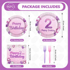 Greencian 96Pcs Pink Purple 2nd Birthday Tableware Set for 24 | Plates, Napkins & Forks