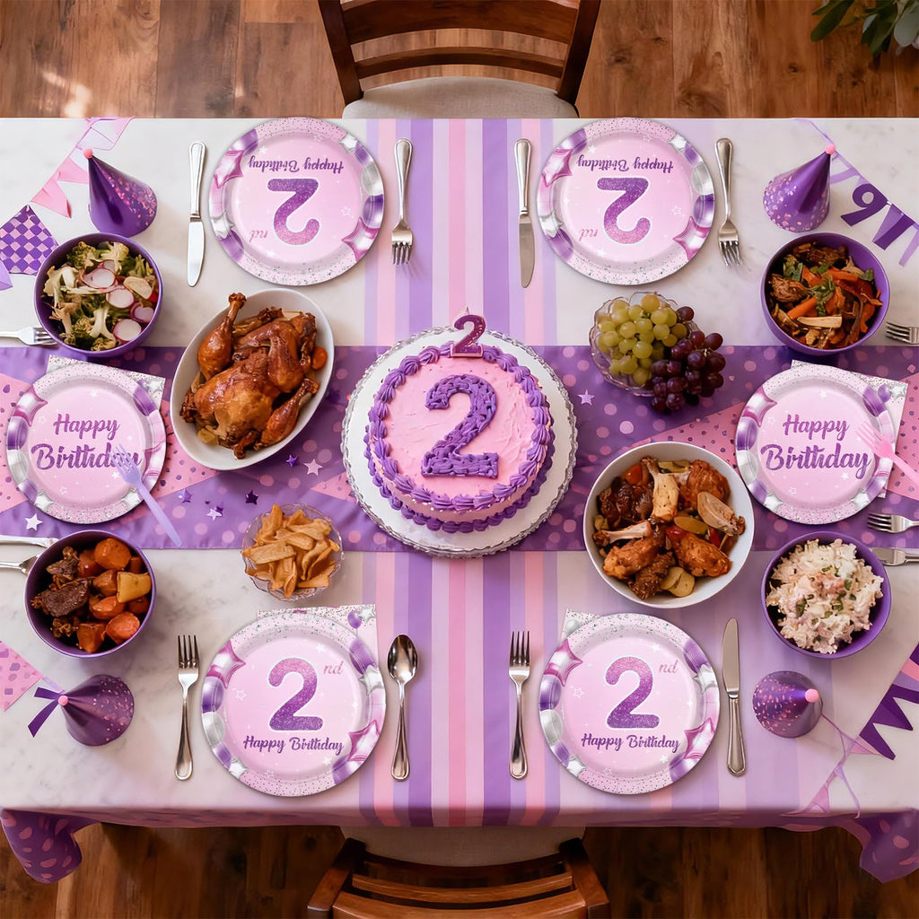 Greencian 96Pcs Pink Purple 2nd Birthday Tableware Set for 24 | Plates, Napkins & Forks