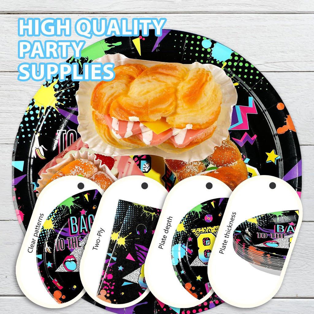 Greencian 168 Pcs 80s Party Dinnerware Set – Back to The 80s Plates, Napkins, Cups & Cutlery for 24
