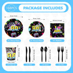 Greencian 168 Pcs 80s Party Dinnerware Set – Back to The 80s Plates, Napkins, Cups & Cutlery for 24