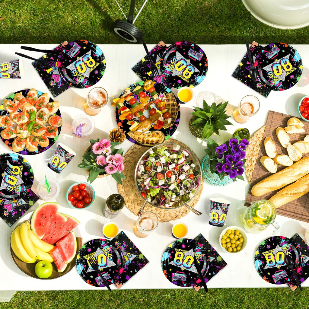 Greencian 168 Pcs 80s Party Dinnerware Set – Back to The 80s Plates, Napkins, Cups & Cutlery for 24