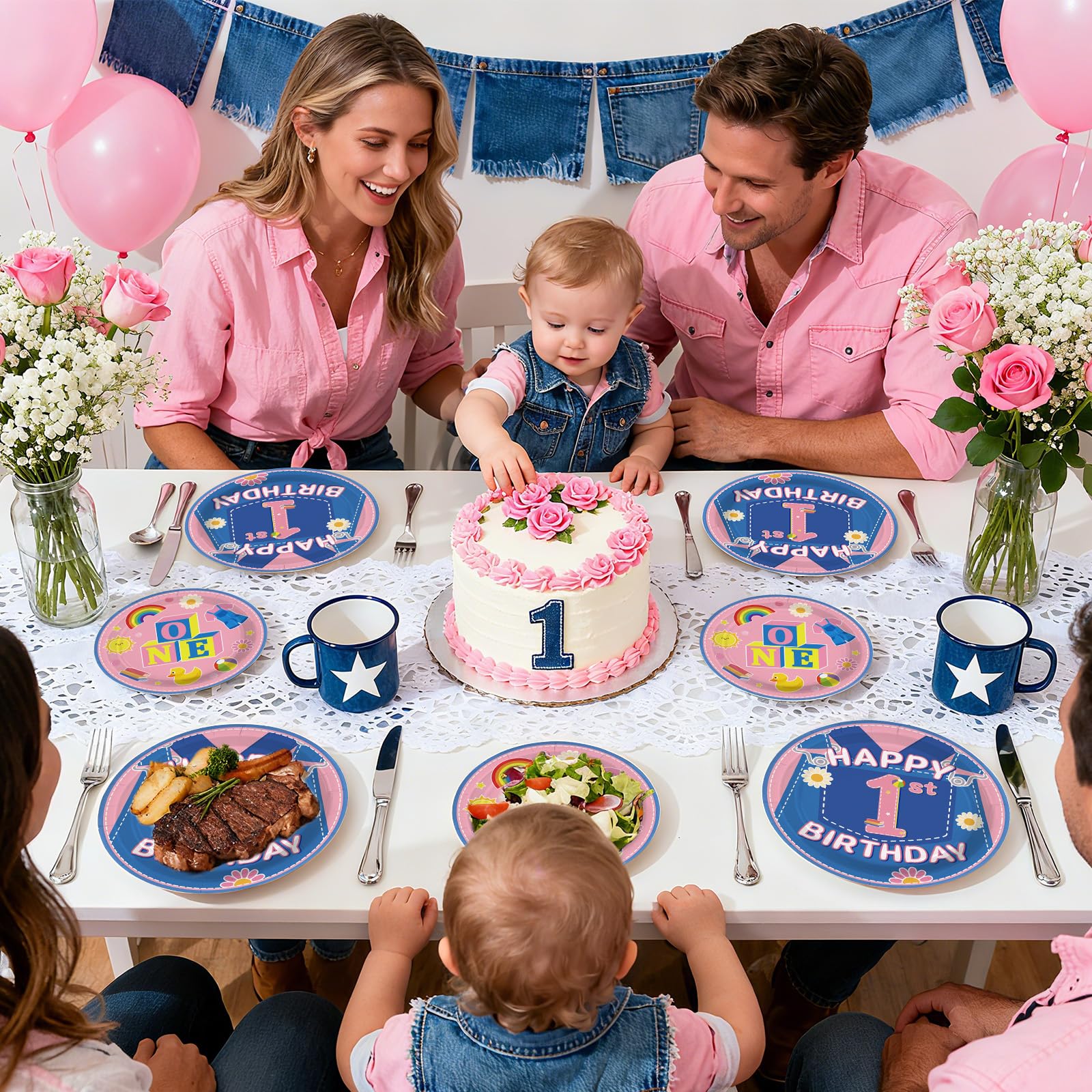 Greencian 96Pcs Pink Cowboy Party Tableware Set for Girls — Plates, Napkins & Forks (Serves 24)