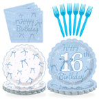 Greencian Blue Bow 96Pcs 16th Birthday Party Supplies – Plates, Napkins & Forks (Serves 24)