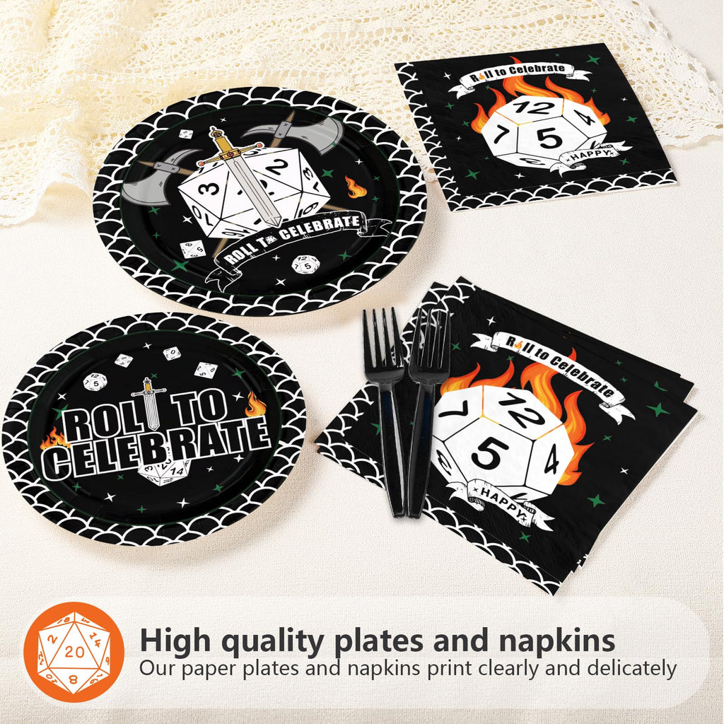 Greencian 96Pcs D20 Dice Party Plates & Napkins Set – RPG Themed Tableware for 24