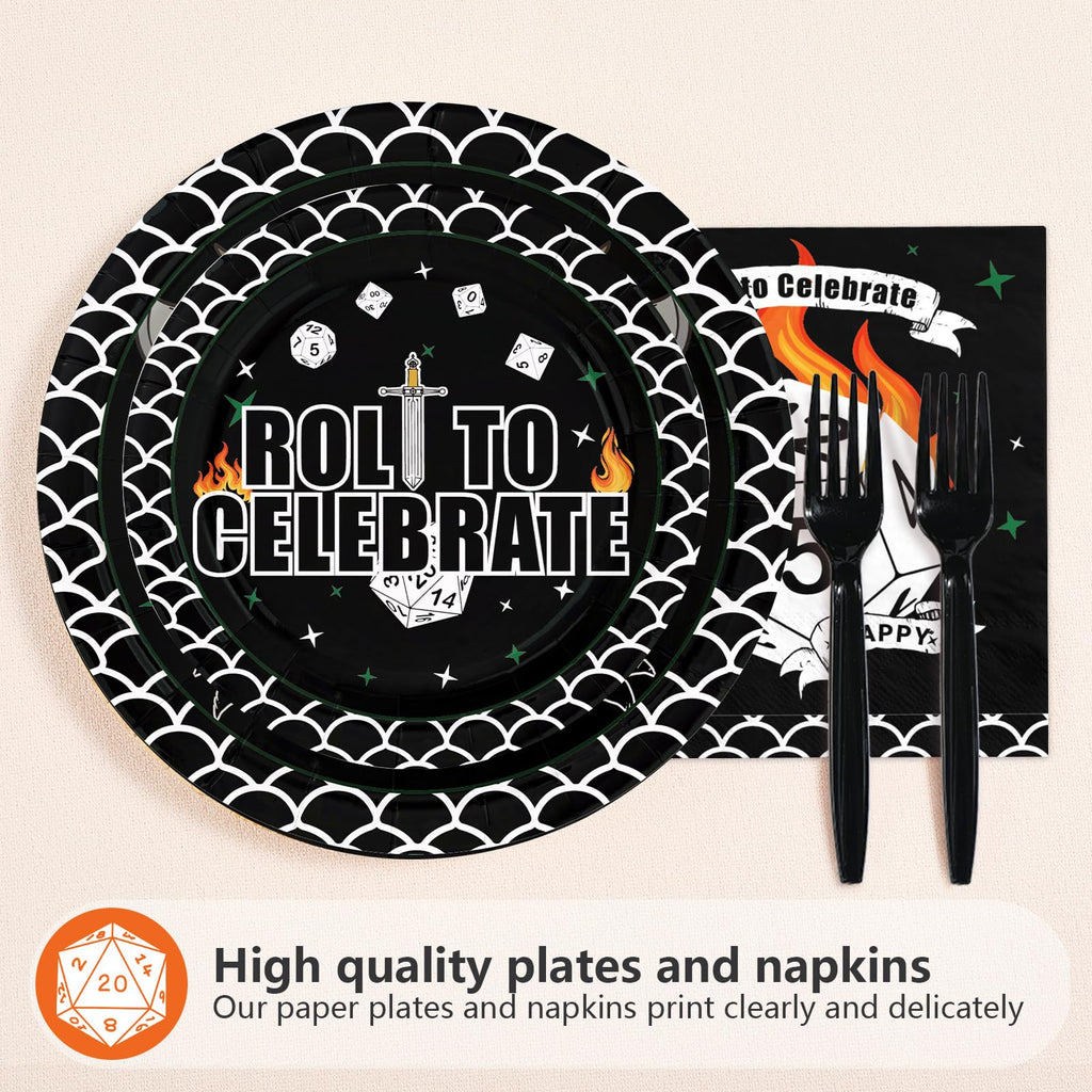 Greencian 96Pcs D20 Dice Party Plates & Napkins Set – RPG Themed Tableware for 24
