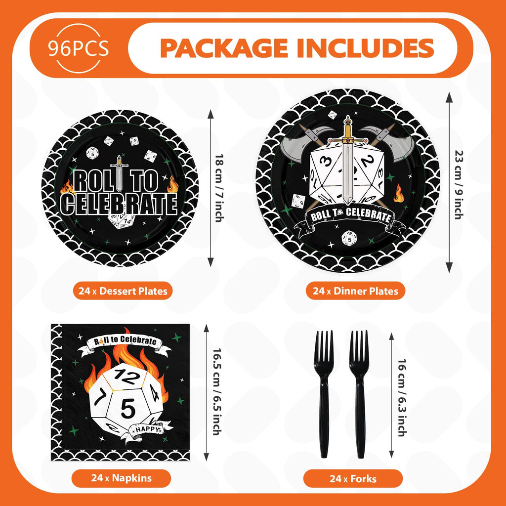 Greencian 96Pcs D20 Dice Party Plates & Napkins Set – RPG Themed Tableware for 24