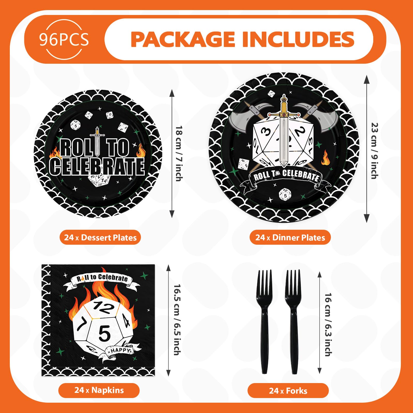 Greencian 96Pcs D20 Dice Party Plates & Napkins Set – RPG Themed Tableware for 24