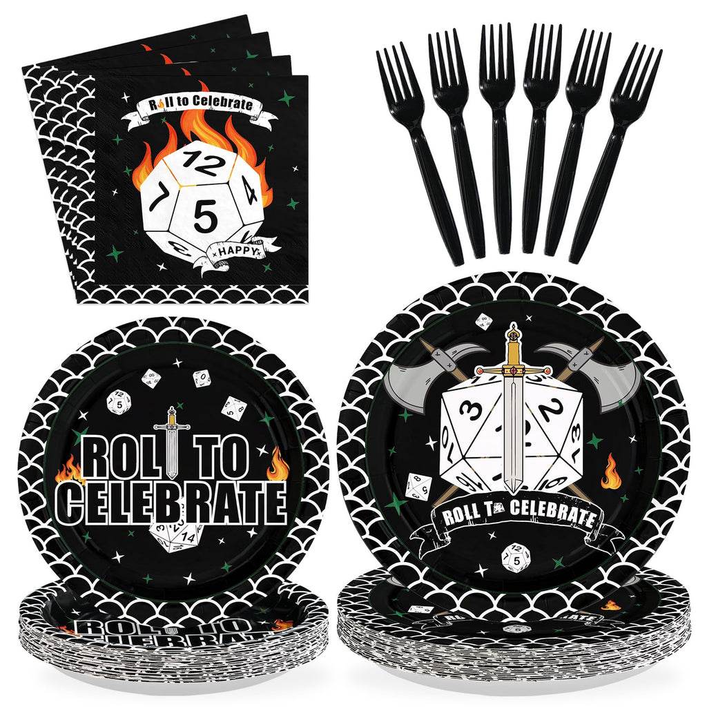 Greencian 96Pcs D20 Dice Party Plates & Napkins Set – RPG Themed Tableware for 24