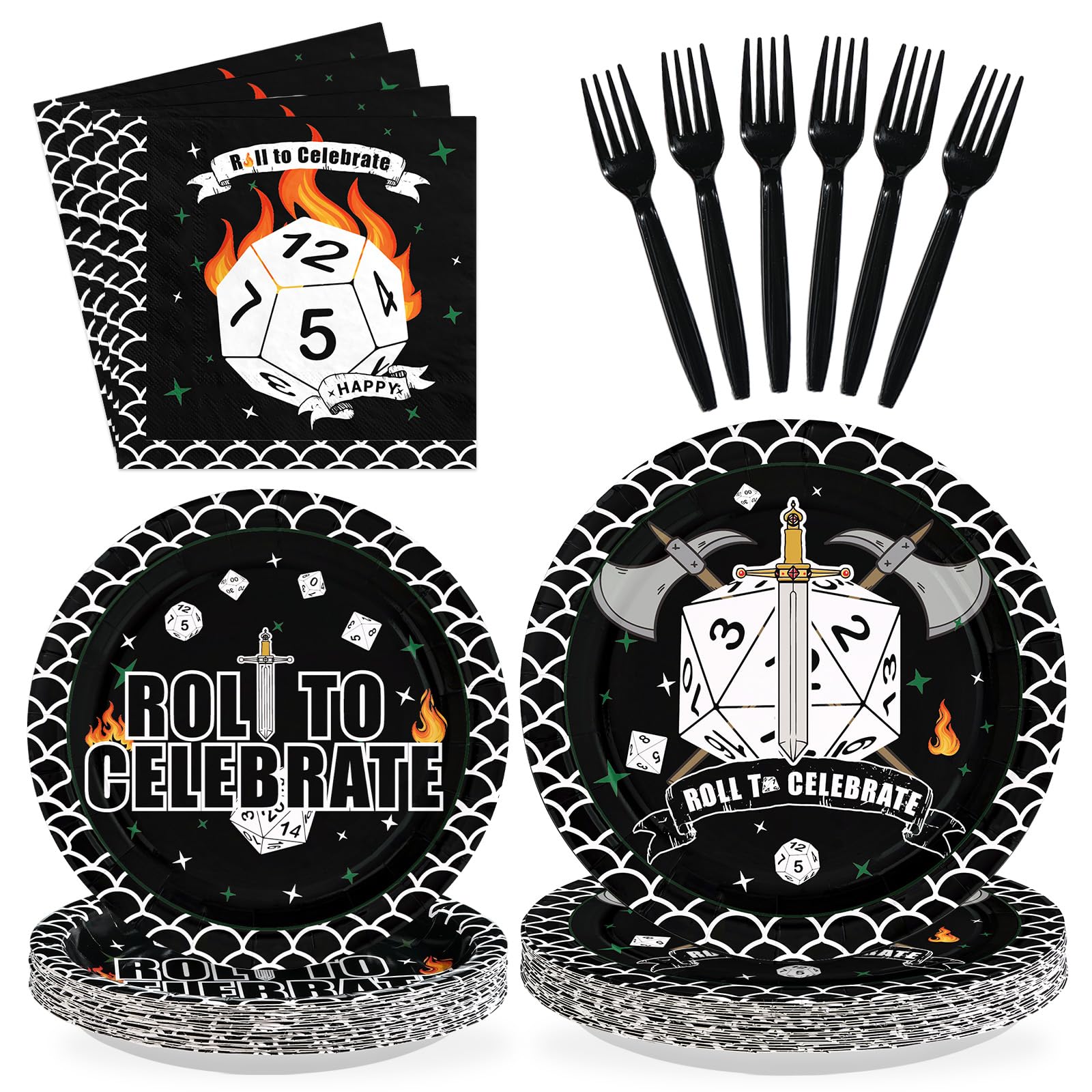 Greencian 96Pcs D20 Dice Party Plates & Napkins Set – RPG Themed Tableware for 24
