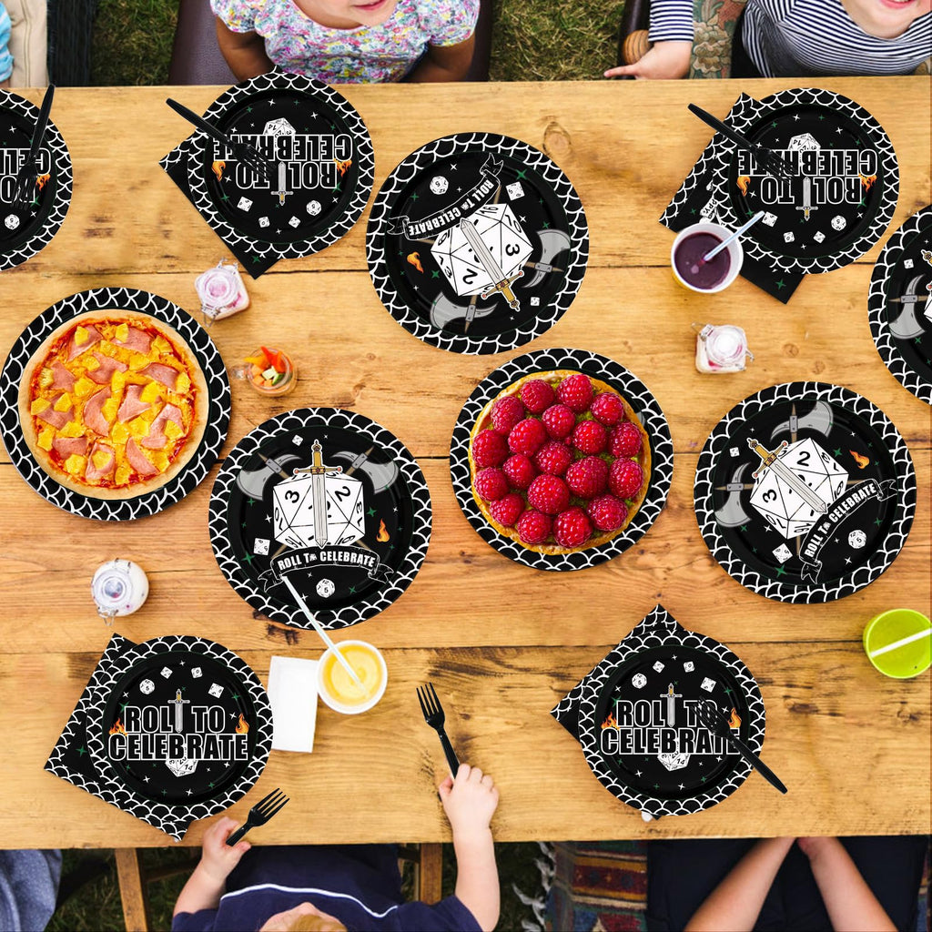 Greencian 96Pcs D20 Dice Party Plates & Napkins Set – RPG Themed Tableware for 24