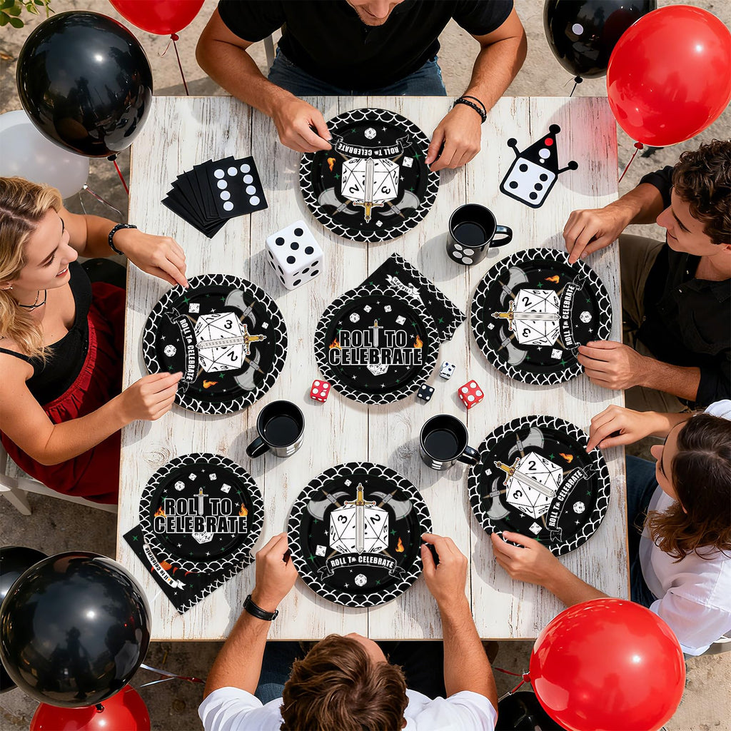 Greencian 96Pcs D20 Dice Party Plates & Napkins Set – RPG Themed Tableware for 24