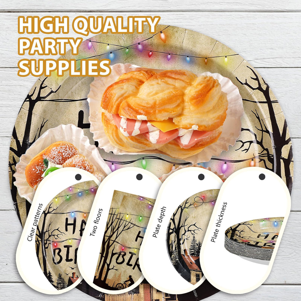 Greencian 96Pcs Spooky Rustic Tableware Set – Serves 24 (Plates, Napkins, Forks)