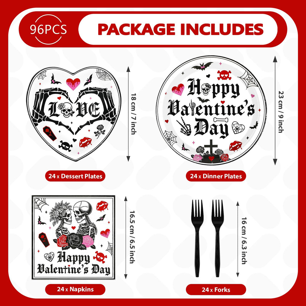 Greencian Gothic Valentine Tableware Set – 96 Pcs for 24 Guests (Plates, Napkins & Forks)