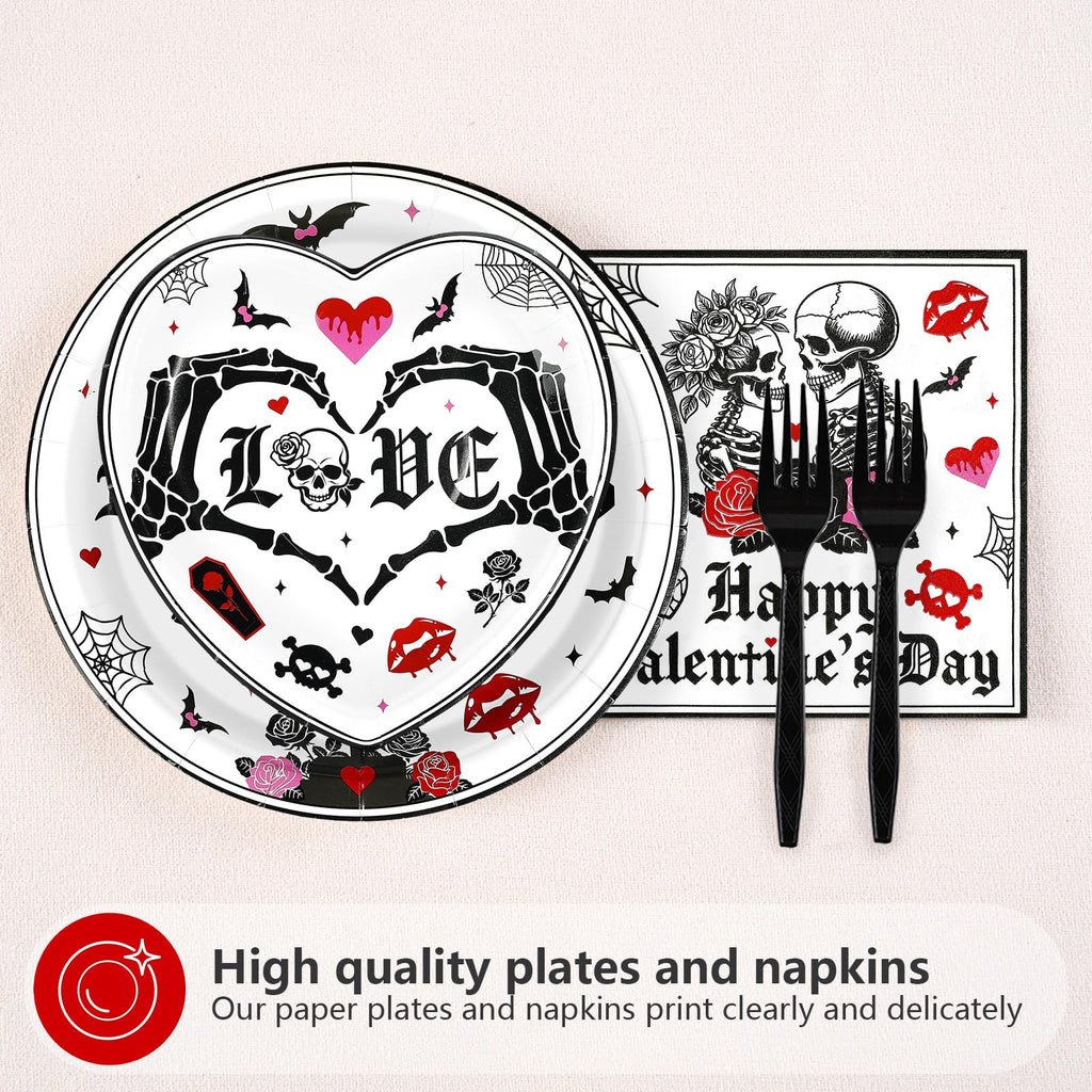 Greencian Gothic Valentine Tableware Set – 96 Pcs for 24 Guests (Plates, Napkins & Forks)