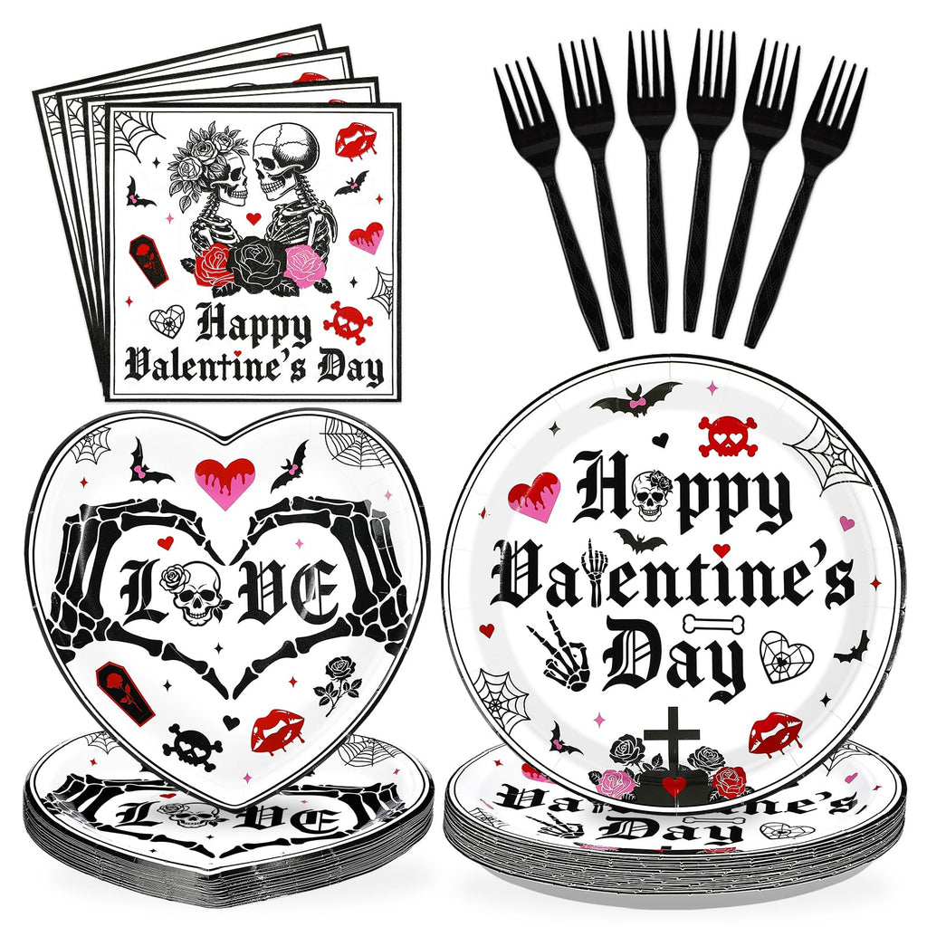 Greencian Gothic Valentine Tableware Set – 96 Pcs for 24 Guests (Plates, Napkins & Forks)