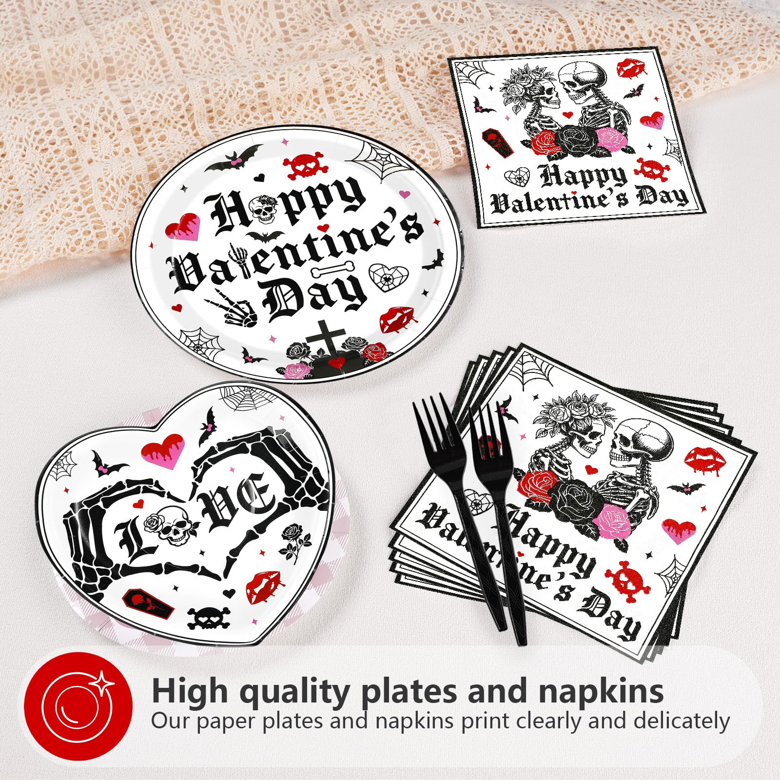 Greencian Gothic Valentine Tableware Set – 96 Pcs for 24 Guests (Plates, Napkins & Forks)