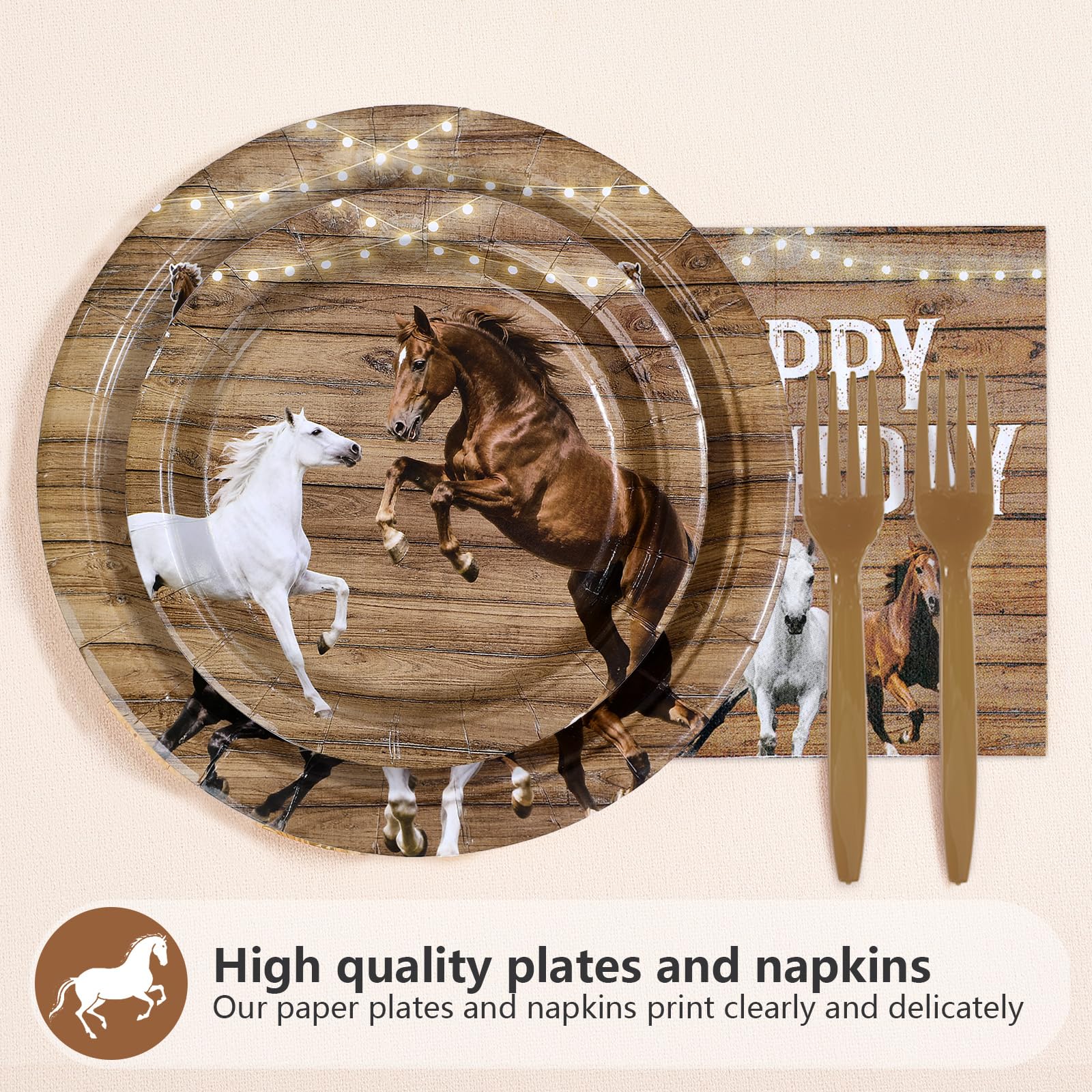 Greencian 96Pcs Horse Birthday Party Supplies – Western Plates, Napkins & Forks (Serves 24)