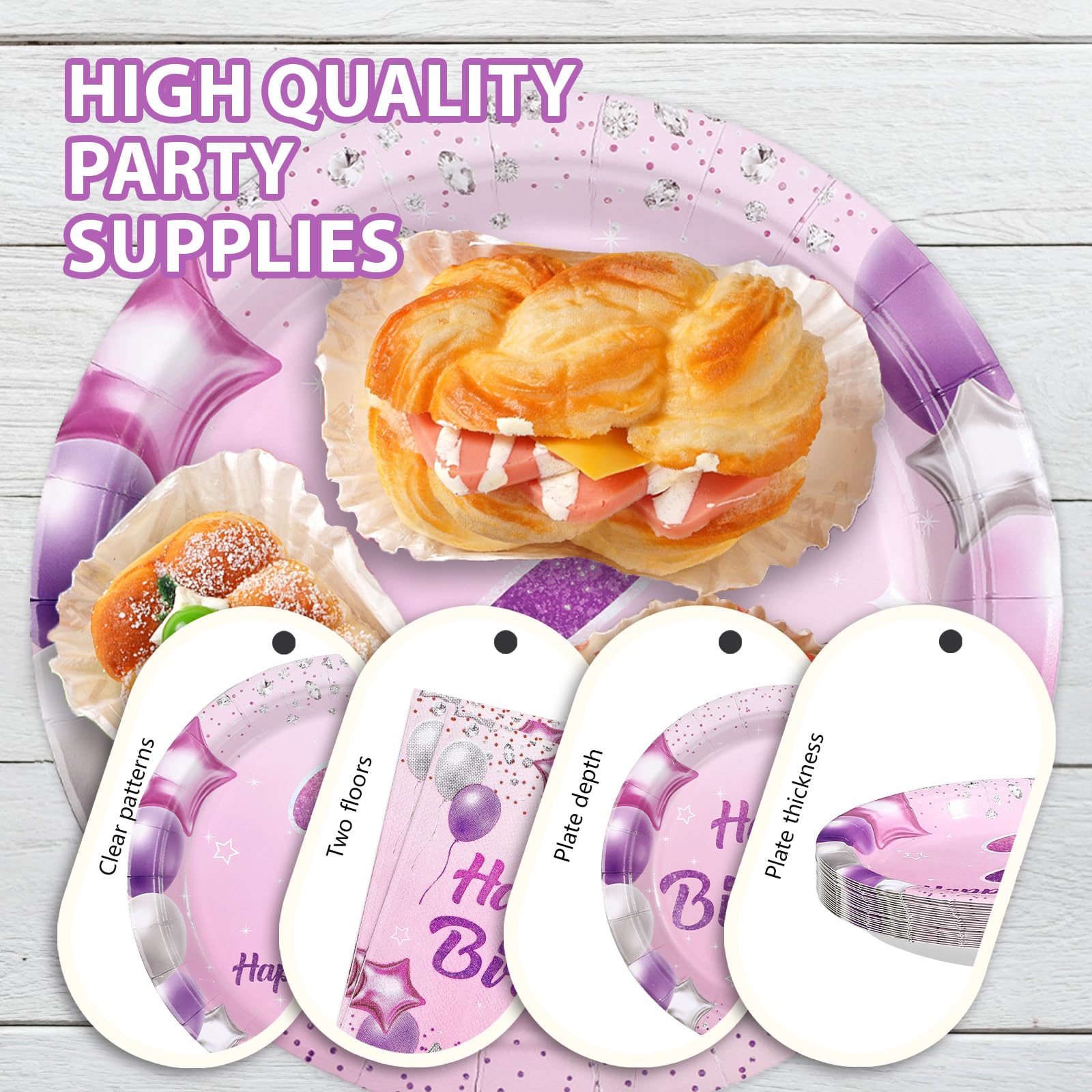 Greencian 96Pcs Pink Purple 2nd Birthday Tableware Set for 24 | Plates, Napkins & Forks