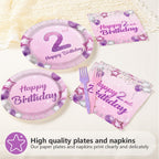 Greencian 96Pcs Pink Purple 2nd Birthday Tableware Set for 24 | Plates, Napkins & Forks