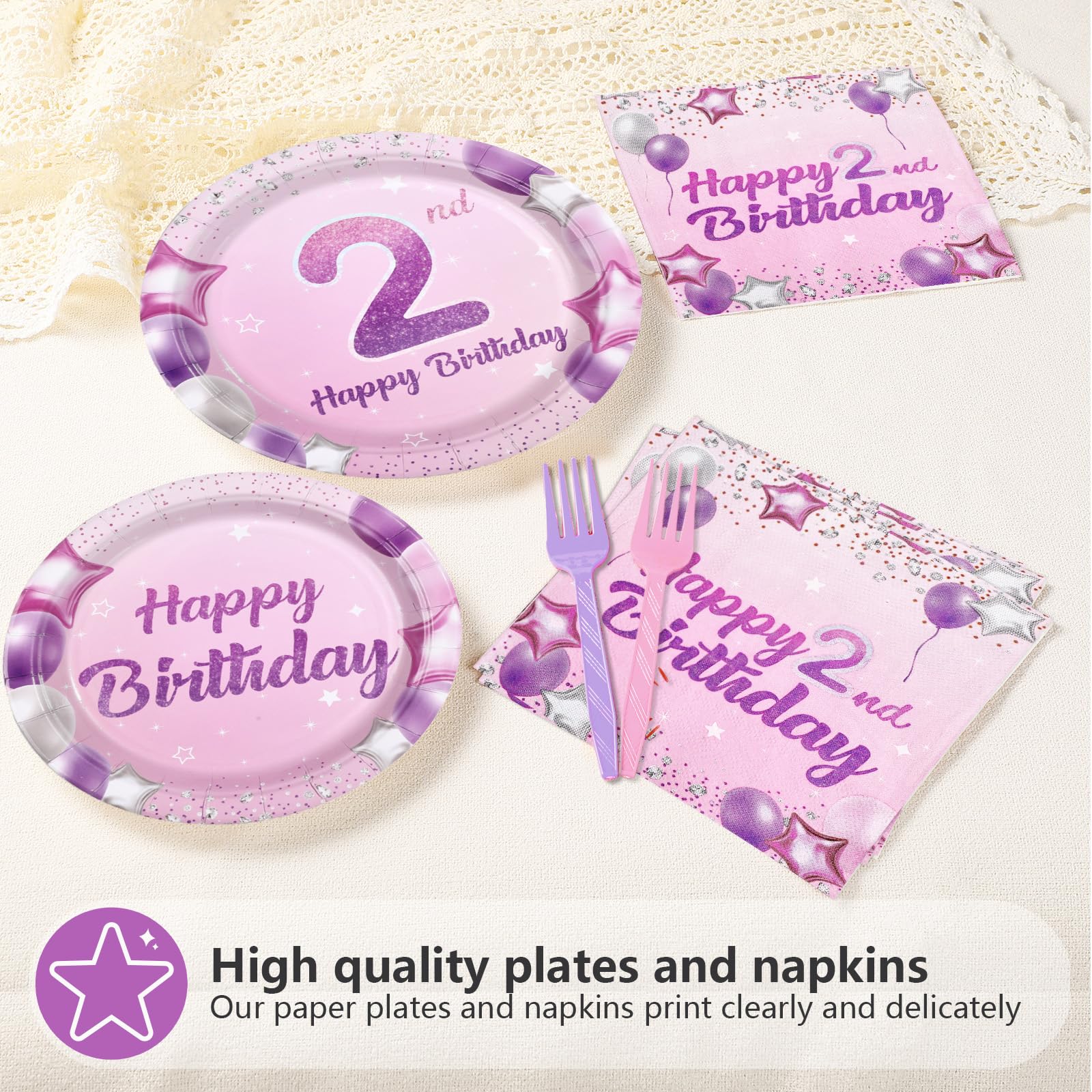 Greencian 96Pcs Pink Purple 2nd Birthday Tableware Set for 24 | Plates, Napkins & Forks