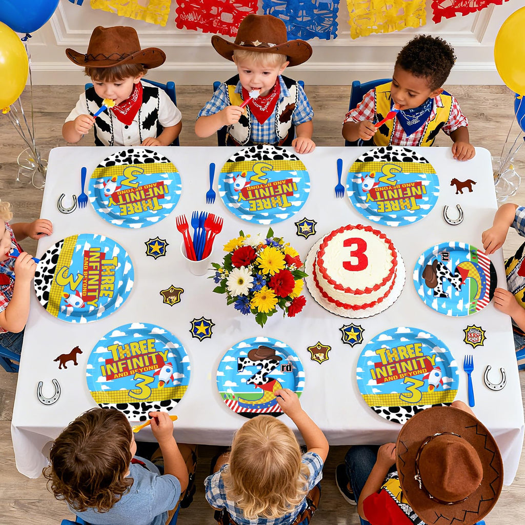 Greencian 96Pcs Toy Cartoon Story 3rd Birthday Tableware Set – Plates, Napkins & Forks (Serves 24)