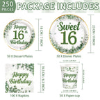 Greencian 250 Pcs Sweet 16 Sage Green Party Tableware Set – Serves 50
