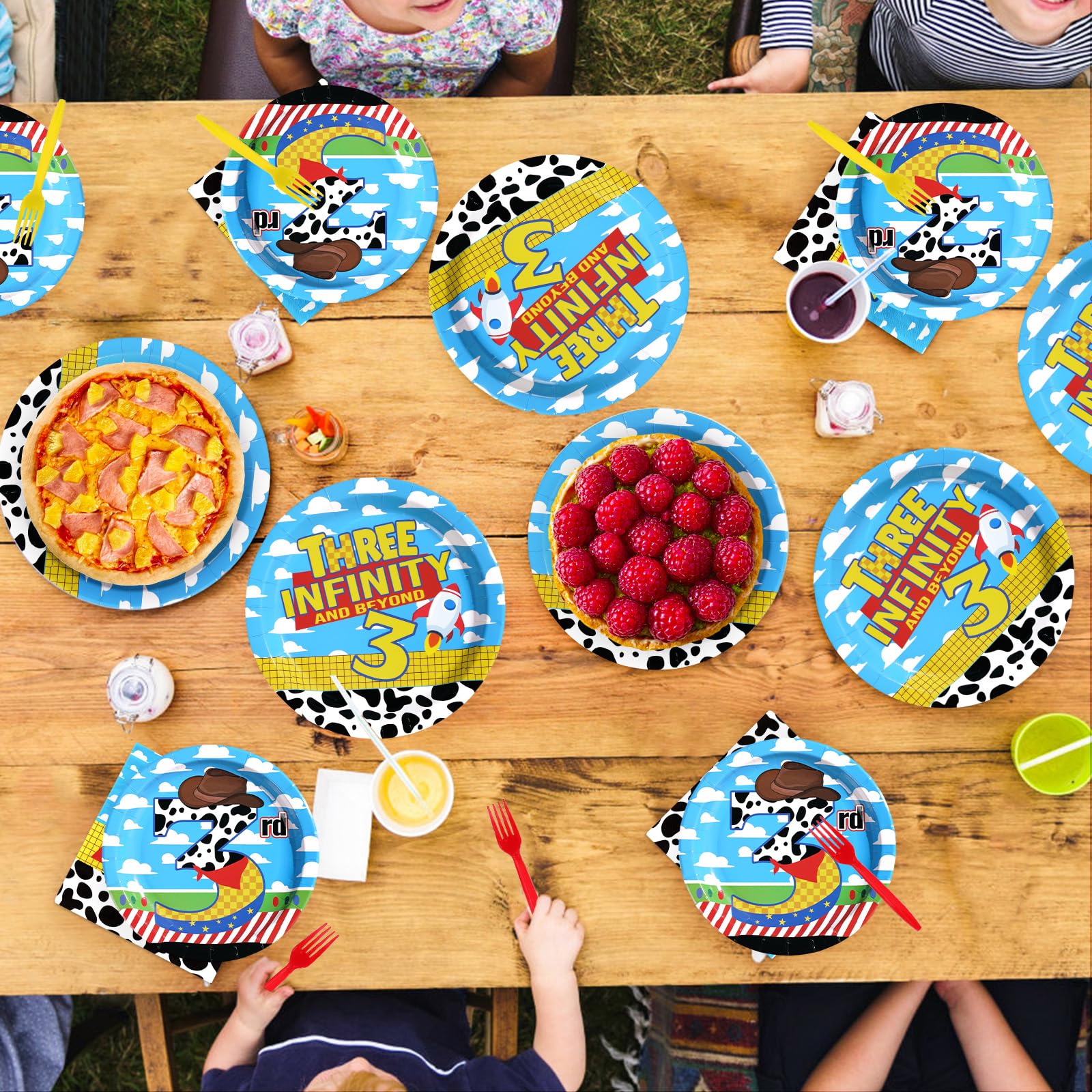Greencian 96Pcs Toy Cartoon Story 3rd Birthday Tableware Set – Plates, Napkins & Forks (Serves 24)