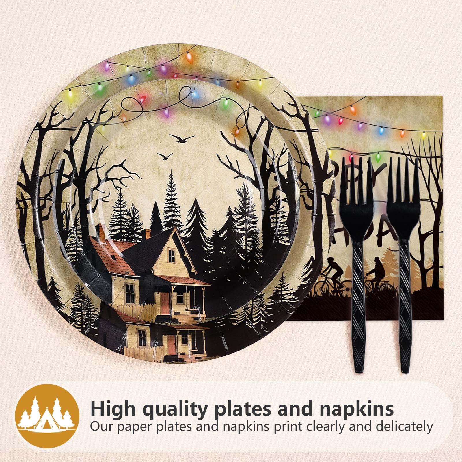Greencian 96Pcs Spooky Rustic Tableware Set – Serves 24 (Plates, Napkins, Forks)